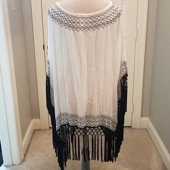 Chico's white black fringe tunic shirt top fringe poncho EUC - Picture 3 of 8